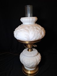 R3 White Glass Double Electric Globe Table Lamp With Embossed Floral Pattern