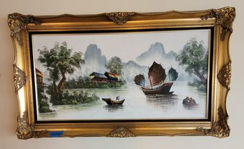 R2 Mid 20th Century Oil On Canvas Painting Of An Asian River Scene