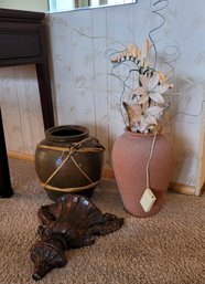 R2 Lighted Vase With Silk Flowers, Ceramic Pot With Woven Grass Handles, Decorative Wall Urn
