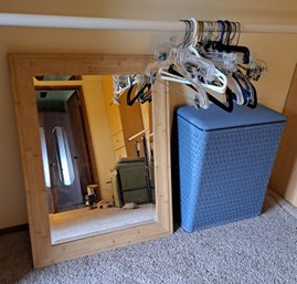 R6 Large Wood Framed Mirror, Plastic Hamper With Lid And Hangers