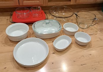 R2 Assortment Of Pyrex Baking Dishes, Measuring Cups And Bowls, Corning Ware French White Stoneware