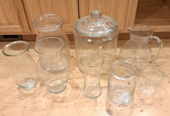 R2 Assortment Of Glass Vases, Large Glass Cookie Jar, Glass Pitcher