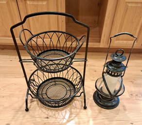 R2 Iron Two Tier Fruit Basket With Removable Baskets And Lantern With Battery Powered Candle