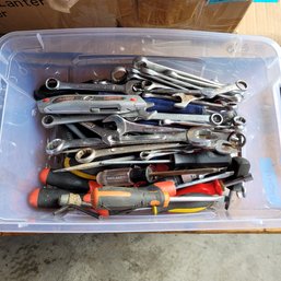 R0 Bin Of Assorted Hand Tools Including Wrenches, Screwdrivers, Sockets, Allen Wrenches, Drill Bits And More