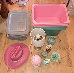 R3 Plastic Storage Bins, Small Lamp, Small Analog Clock, Room Decor And Child's Cowboy Hat
