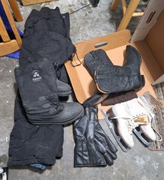 R0 Men's Cowboy Boots Size Unknown, Men's Snowboots Size 11, Snow Pants Size 2XL, Gloves And Ice Skates