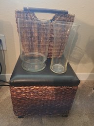 R1 Wicker Storage Stool, Wicker Magazine Holder And Two Glass Vases