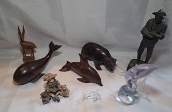 R1 Wood Carvings Of Whale, Bear And Dolphin, Glass Dolphin Figurines, Michael German Figurine.