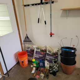 R0 Assorted Gardening Essentials Including 3 Bags Of Potting Soil, Corona Weed Destroyer, Rubber Boots, Trowel
