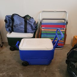 R0 Igloo Wheelie Coolers, Keen Duffel Bag, And Rio Beach Chair
