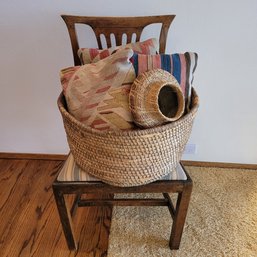 R1 Woven Baskets, Throw Pillows, And Antique Wooden Chair With Fabric Cushion