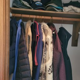 R1 Hall Closet Contents Including Assorted Hats, Jackets, Vests, Shoes, Hangers And Other Items