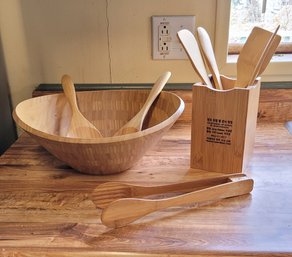R2 Bamboo Salad Bowl, Bamboo Tongs, And Bamboo Cooking Utensils With Utensil Holder