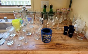 R2 Assorted Glassware Including Martini, Seahawks Pints, Grolsch Flip Top Beer Bottles, Wine Glasses, Shot Gla