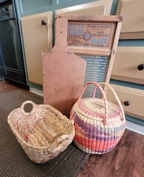 R2 Antique Cupples Washboard With Glass, Decorative Baskets,wooden Paddle, And Glass Jar With Clothes Pins
