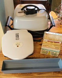 R2 Oster Electric Skillet, George Forman Grill, Recipe Cards With Box, And Plastic Organizer