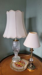 R1 Two Vintage  Table Top Lamps And Embroidered Doily