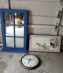 R0 Blue Mirrored Window-like Wall Art, Lavender Bird Walk Art, And Electric Wall Clock