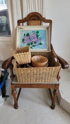 R1 Wooden Captains Chair Wirh Striped Fabric Seat Cushion, Collection Of Baskets And Lilac Tray