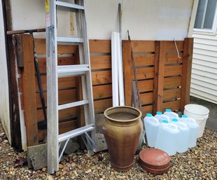R00 Assorted Lawn And Gardening Items Including Keller 6' Aluminum Ladder, Ending Tool, Pavers, Water Jugs