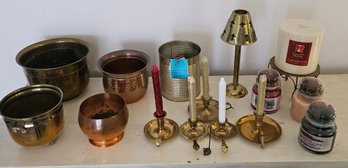 R4 Brass/copper Items With Candles, Small Tins, And Misc Items