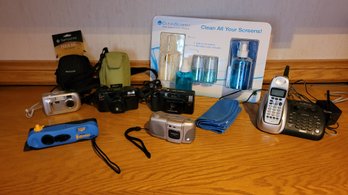 R4 Uniden Phone, Assorted Film Cameras Including I-zone Polaroid, Olympus, Freedom 200, Kodiak, 2 Cases
