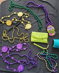 R1 Neon Yellow Wallet And Collection Of Mardi Gras Beads