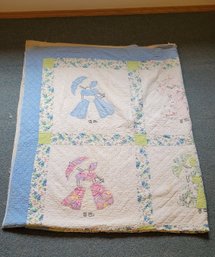 R12  Two Quilts, Colonial Girl Handmade Vintage Quilt And Bonnet Handmade Quilted Throw Blanket