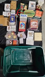 R7 Green Rubbermaid Bin With Variety Of Ornaments Including Disney And Others Music Box, Sled Decor