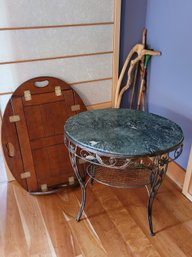 A3  Metal Table With Marble-like Top, Oval Wood Piece, Assorted Canes