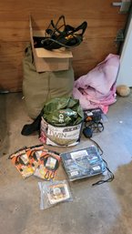 A2 Assorted Camping And Hunting Gear Including Leopold Binoculars, Lifeline HSS, Air Mattress, Sleeping Bags