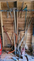 S1 Assorted Wood And Metal Lawn Tools Including Shovel, Post Hole Digger, Clippers, And Other Items