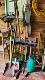 S1 Assorted Gardening Tools Including Rakes, Axes, Flathead Shovel, Mallet, Saw, Hose, Sprayer And Other Items