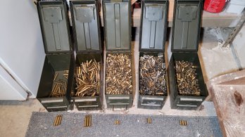 R0 Collection Of Ammo Reloading Items Including  Ammo Cans W Used Brass Casings 30 06, 9mm, 45mm, .38 Special
