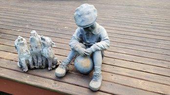 R00 Yard Art Including Boy With Soccer Ball And Howling Wolf Trio And A Potted Plant