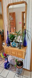 R1 Lot To Include Blue Glass Vases, Flower Pots With Plants, Mirror, And Decor