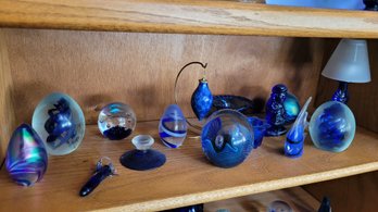 R4 Collection Of Blue Glass Knick Knacks, Paper Weights, And Other Items