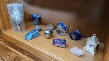 R4 Collection Of Knick Knacks Including Glass Dolphin, Snail, Amethyst, Rose Quartz, Blue Geode