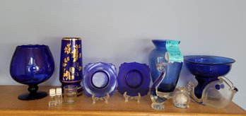 R4 Decorative Blue Glass Vase, Vase With Gold-like Detail, Bowl, Plates With Stands, Fish And Other Items