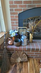R4 Assorted Copper Items Including Tea Kettles Pitcher With Wood Handle, Heirloom Brand Clock, Hearth Broom