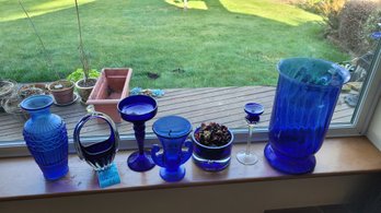 R4 Collection Of Blue Glass Vases, Candle Holders, Potpourri Dish And Other Decorative Items