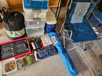 R14 Camping Supplies Including Sleeping Bag, Fold Up Chairs, Containers, Cooler And More