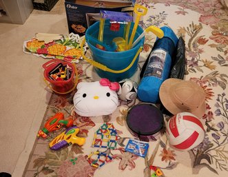 R12 Assorted Kids Toys Including Hello Kitty Art Set, 7 Inx7in Tent, Sand Toys, Cars, Water Guns, Magnetix