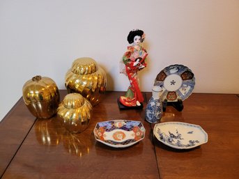 R10 Shiny Brass Decorative Containers, Sake Jar, Sushi Bowls, Decorative Plate And Japanese Figurine