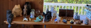 R3 Collection Of Knick Knacks Including Frog Figurines, Book Ends, Stone Bear Carving And Other Items
