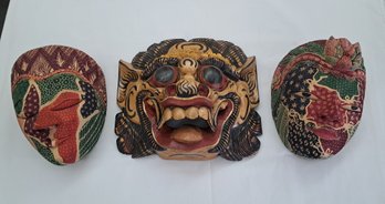 Two Indonesian Masks And Vintage Balinese Carved Theater Mask