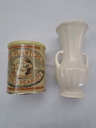 Vintage Pottery Vase And Vintage Planters Tin.