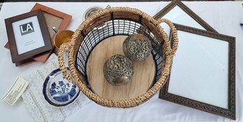 Wire And Woven Basket, Wood And Metal Patterned Picture Frames, Decorative Balls, Royal Dalton Bowl