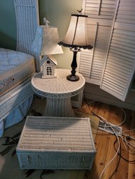 R9 Wicker Night Stand, Wicker Basket, And 2 Table Top Lamps