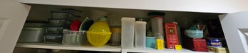 R12 Top Shelf Full Of Tupperware, Plastic Food Storage And Tin Containers